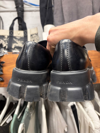 Prada ‘Monolith’ Black Tractor Sole Patent Leather Derbys