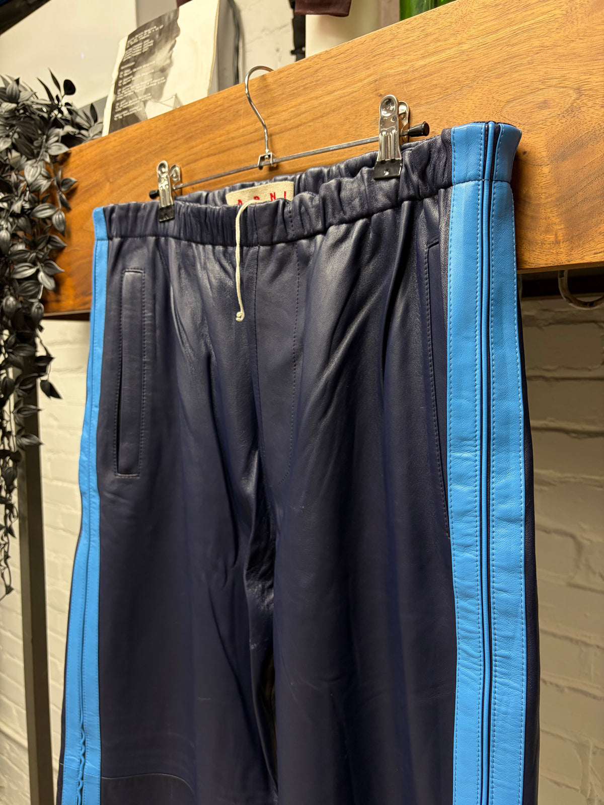 Marni Striped Nappa Leather Blue Straight Cut Pants