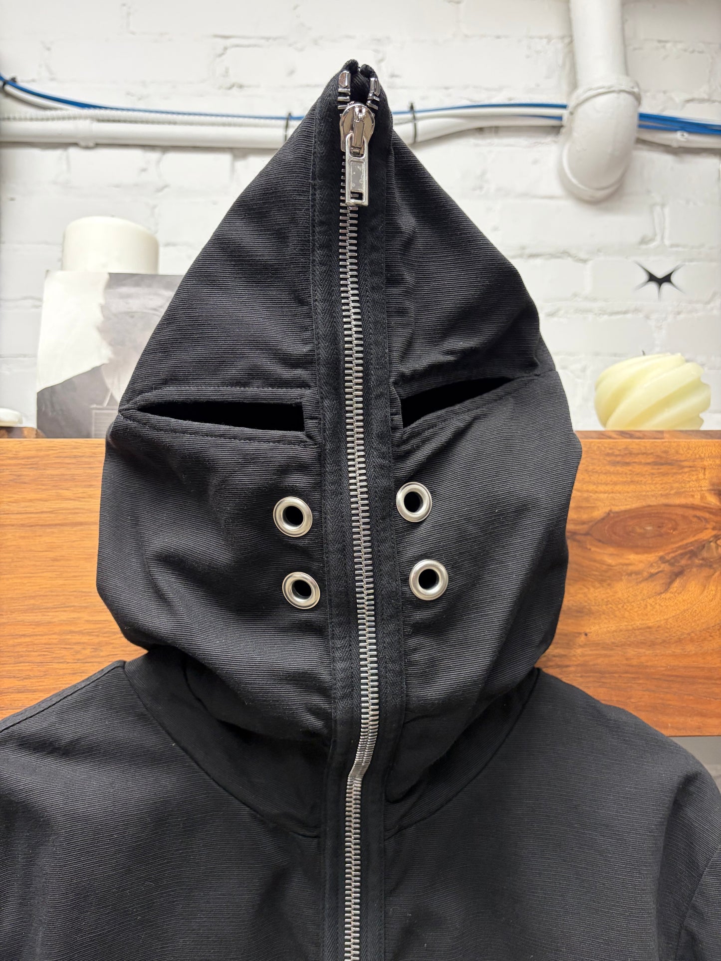 Rick Owens Canvas ‘Gimp’ Black Full-Zip Eye Cut-Out Hoodie