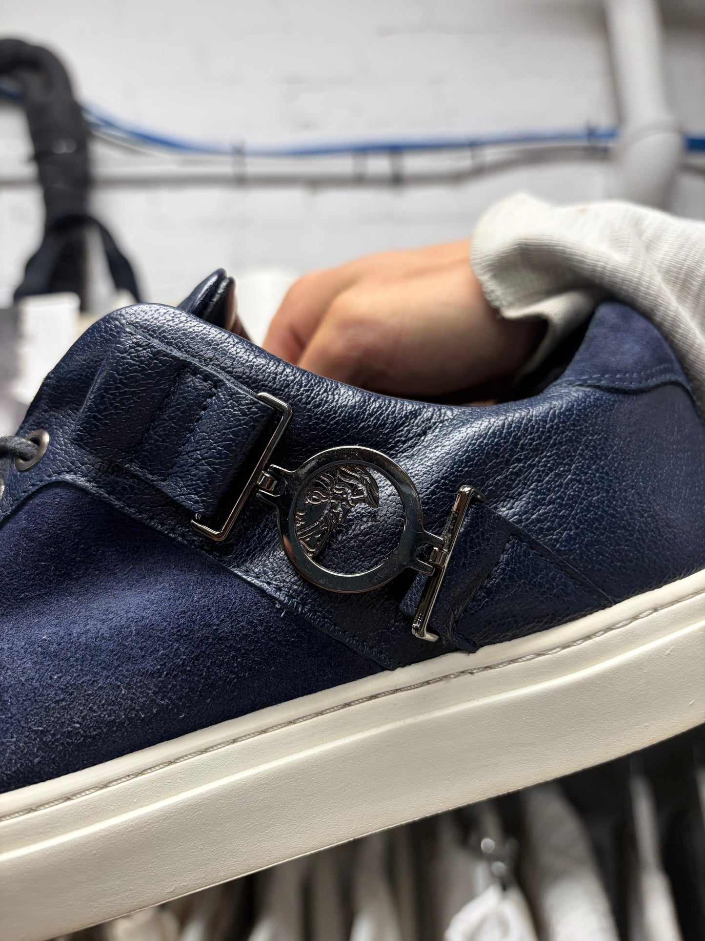 Versace Collection Blue Suede/Silver ‘Medusa’ Low Top Sneakers