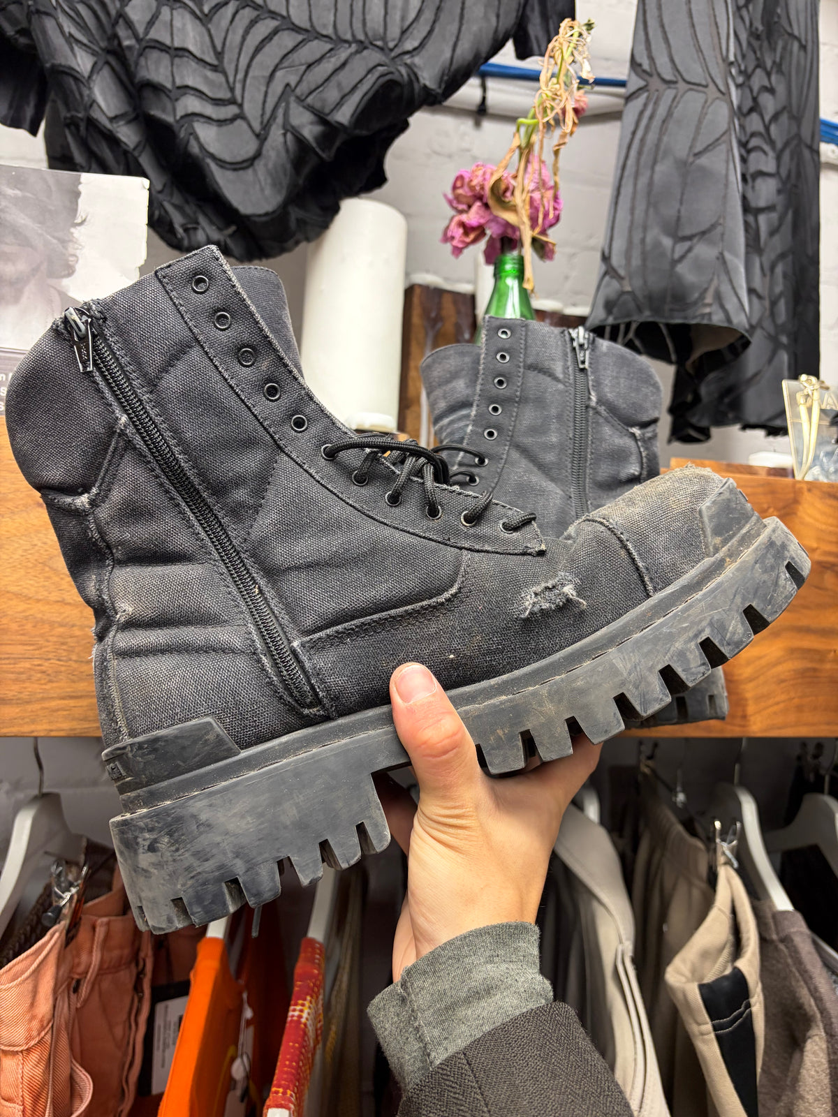 Balenciaga ‘Strike’ Distressed Black Canvas Combat Boots