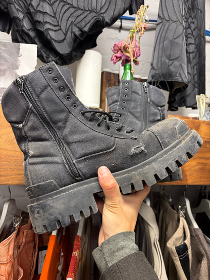 Balenciaga ‘Strike’ Distressed Black Canvas Combat Boots