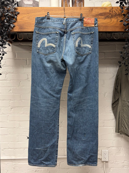 2000s Evisu ‘Gull Logo’ Blue/White Bootcut Denim