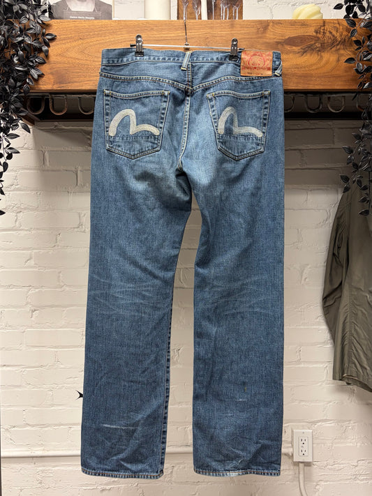 2000s Evisu ‘Gull Logo’ Blue/White Bootcut Denim