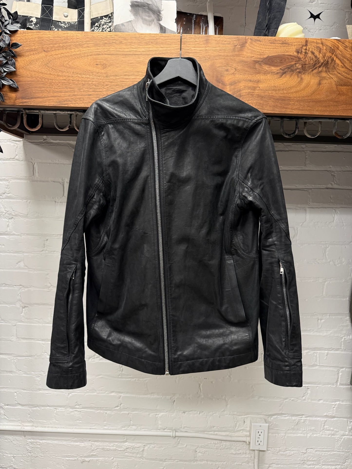Rick Owens Mainline ‘Mollino’ Black Lambskin Leather High Neck Zip Jacket