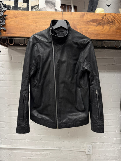 Rick Owens Mainline ‘Mollino’ Black Lambskin Leather High Neck Zip Jacket