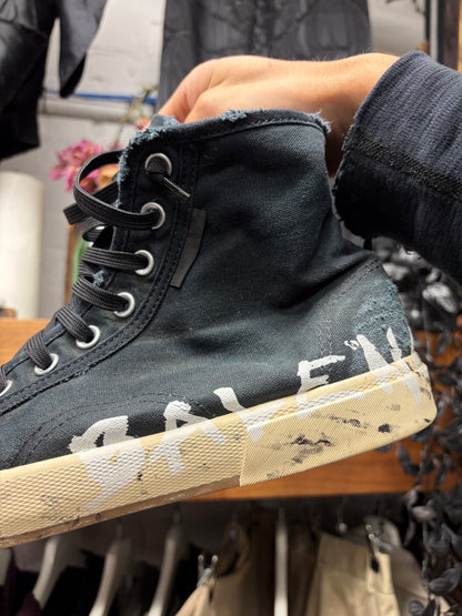 Balenciaga ‘Paris’ Graffiti Distressed Black Canvas High Top Sneakers