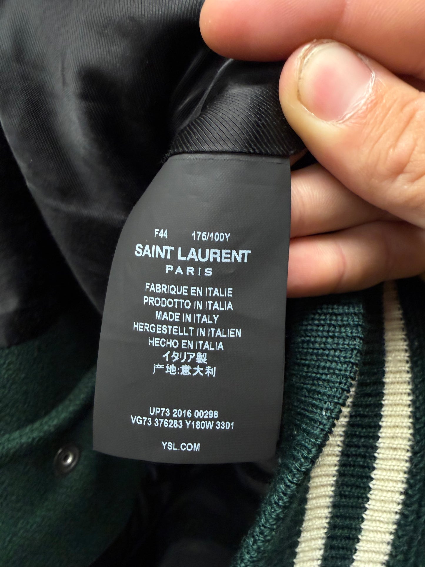 2016 Saint Laurent ‘Teddy’ Forest Green/White Wool Varsity Jacket