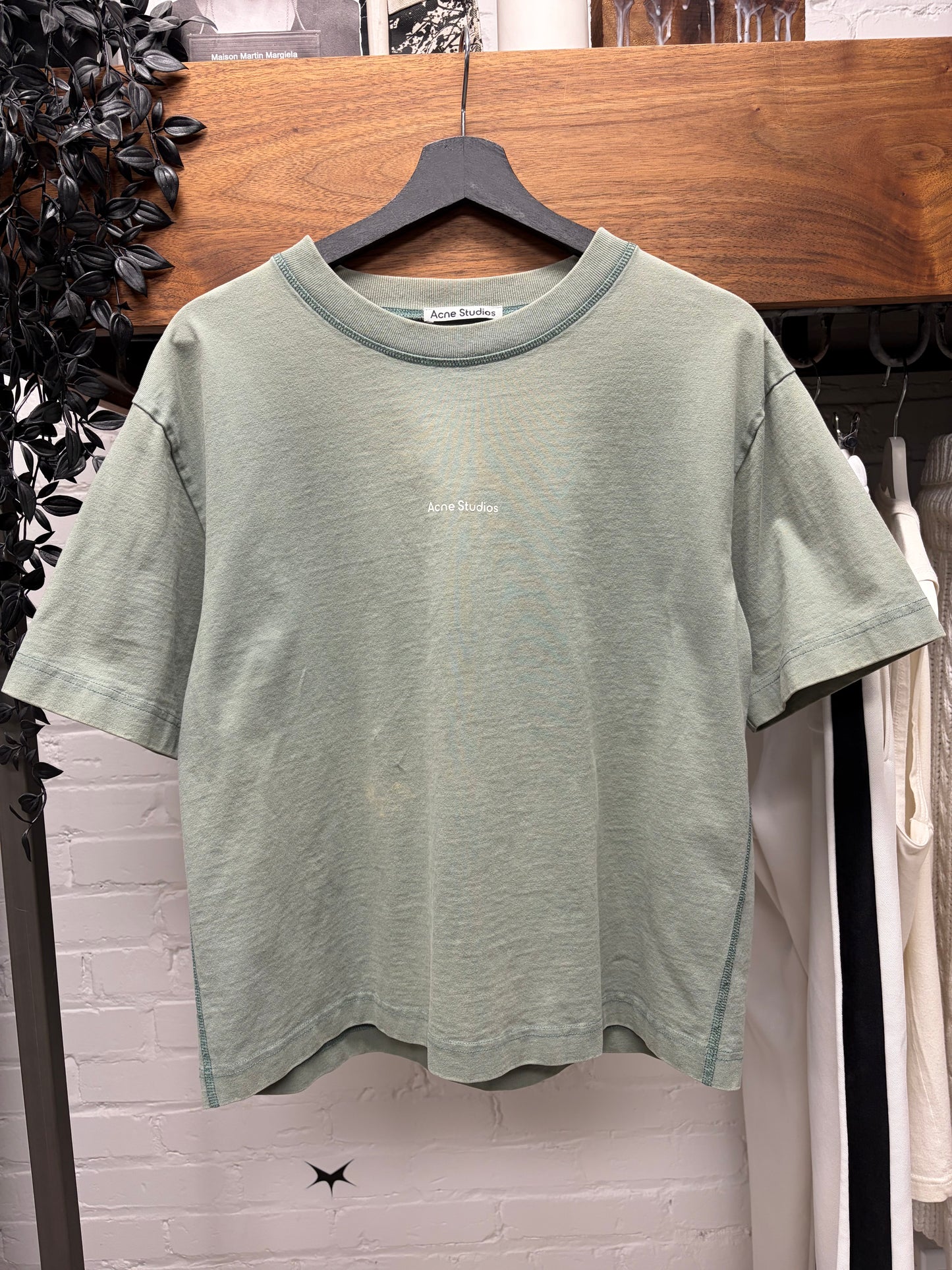 Acne Studios Mint Green ‘Minimal Logo’ Cropped Fit Cotton T-Shirt