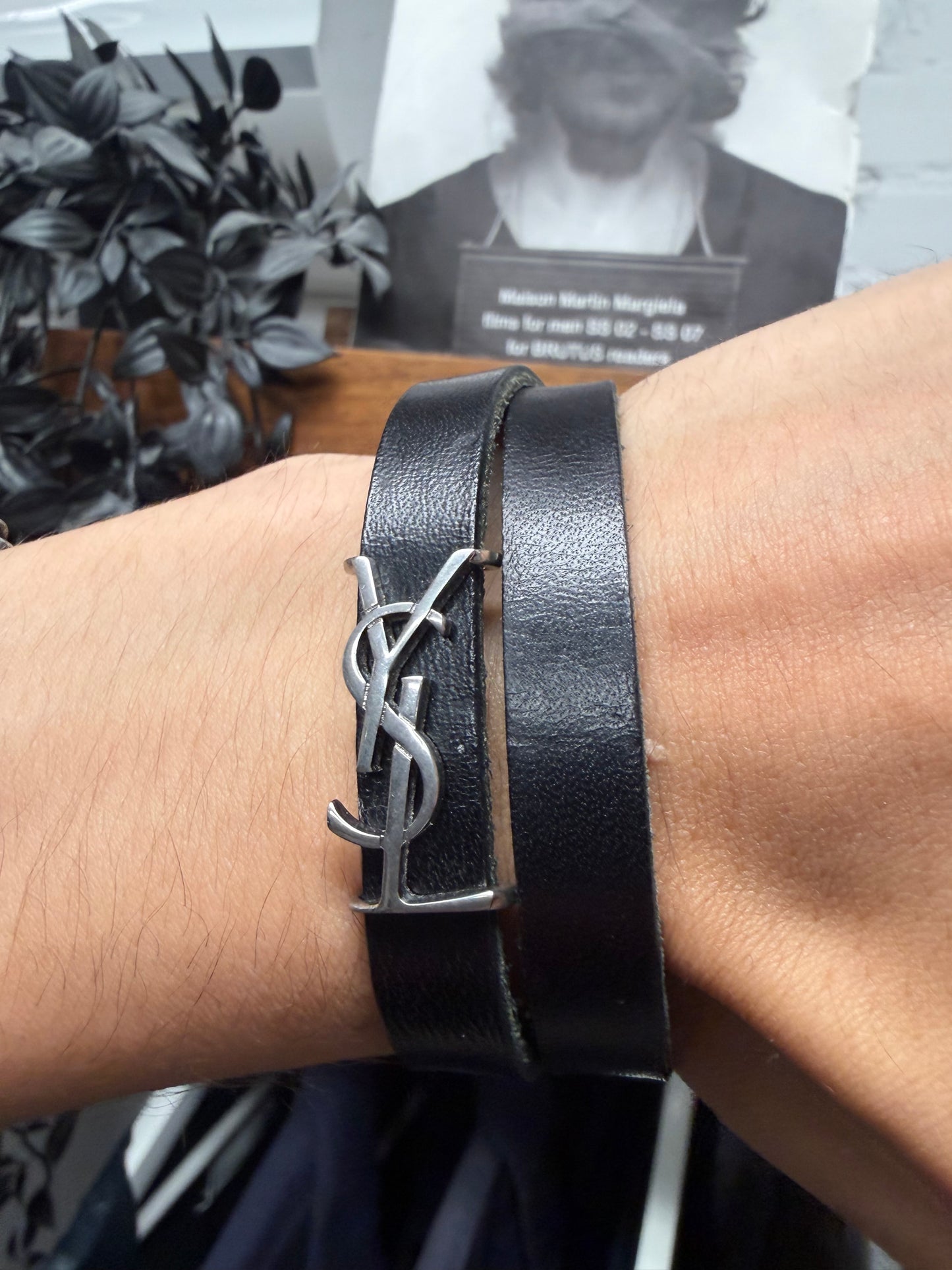 Saint Laurent ‘YSL’ Silver Logo Black Leather Double Wrap Bracelet