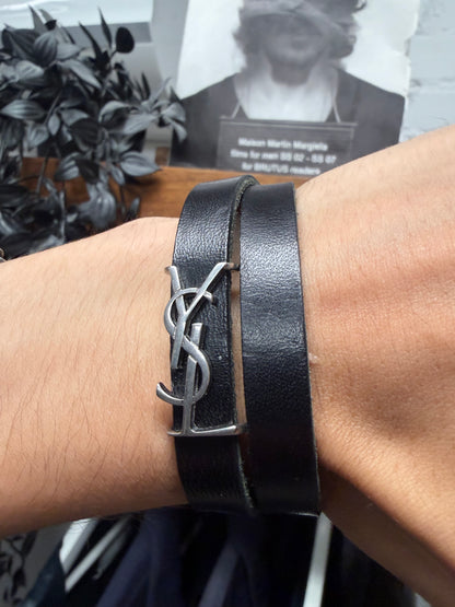 Saint Laurent ‘YSL’ Silver Logo Black Leather Double Wrap Bracelet