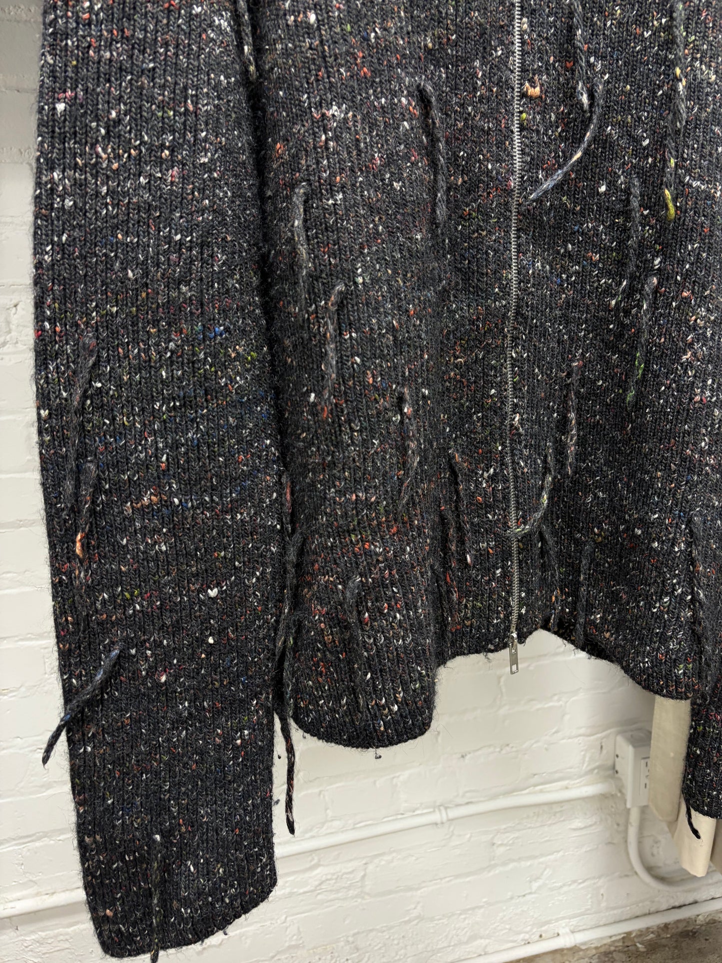 SS2017 Maison Margiela Charcoal Speckled ‘Drivers Knit’ Zip-Up Sweater with Frayed Tassels