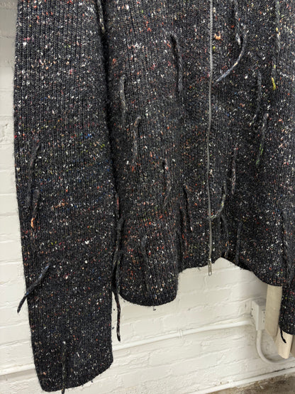SS2017 Maison Margiela Charcoal Speckled ‘Drivers Knit’ Zip-Up Sweater with Frayed Tassels