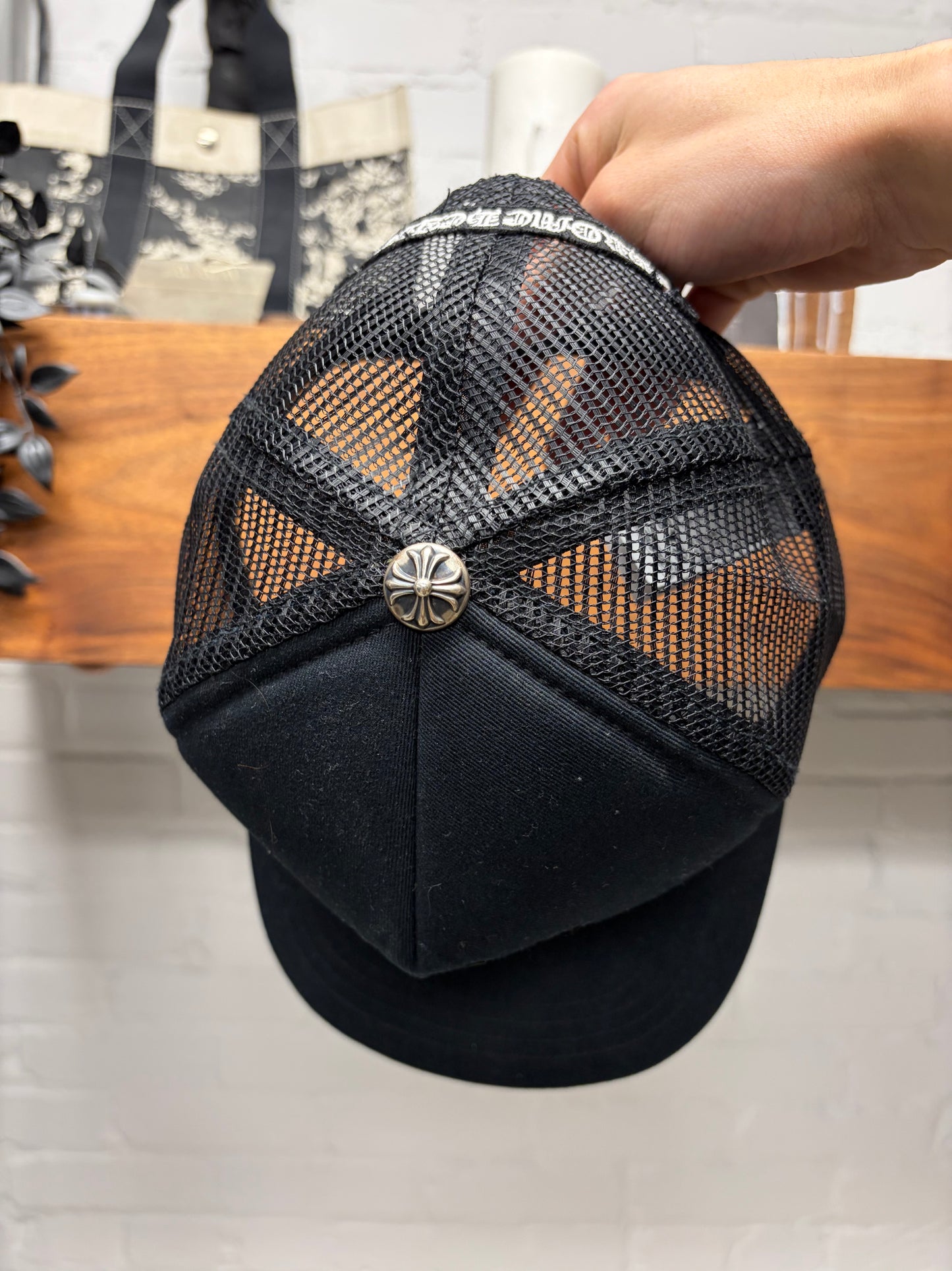 Chrome Hearts ‘Cemetery’ Black Leather Cross Patch Trucker Hat