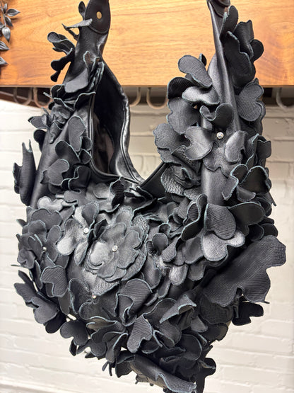 Blumarine Black Leather ‘Flower Appliqué’ Hobo Bag