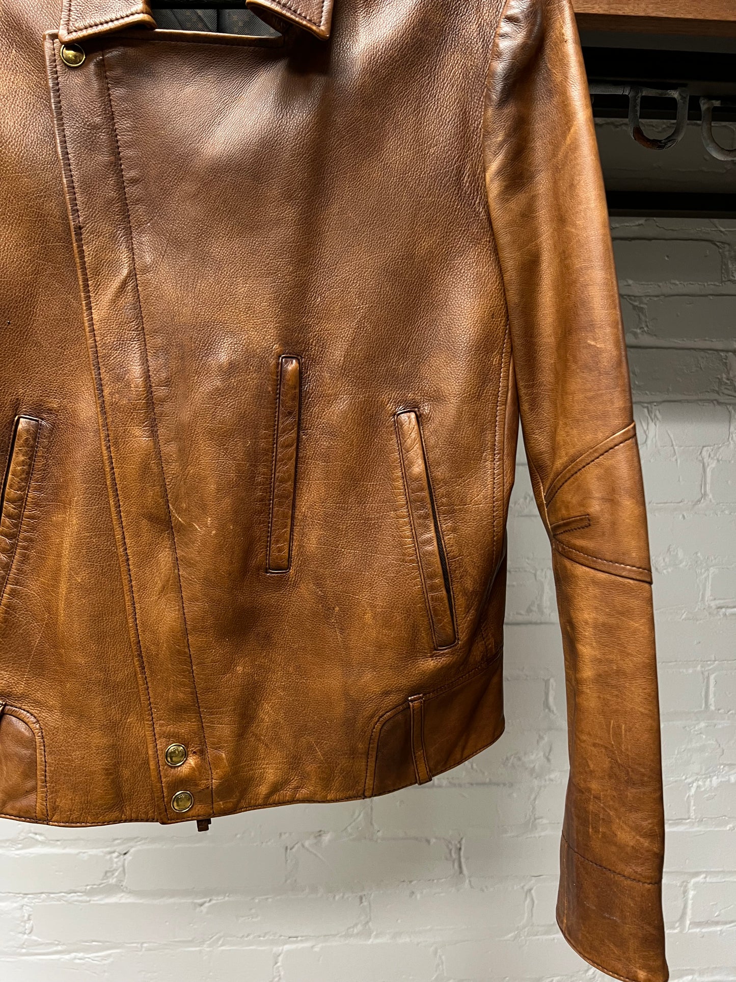 2000s Gucci ‘Natural Patina’ Brown Calf Leather ‘Horsebit’ Biker Jacket
