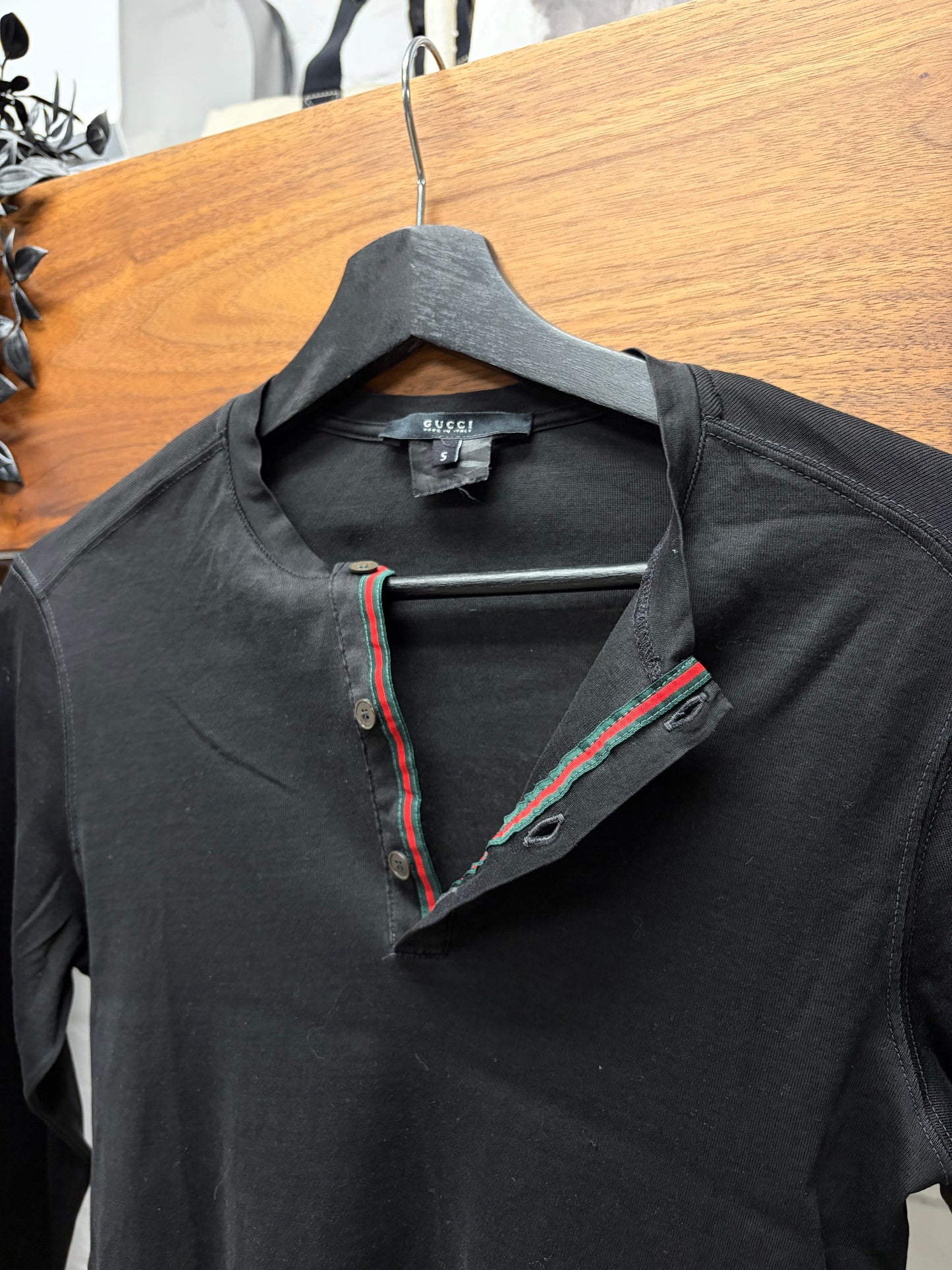 2000s Gucci Striped Collar ‘Henley’ Black Long Sleeve Shirt