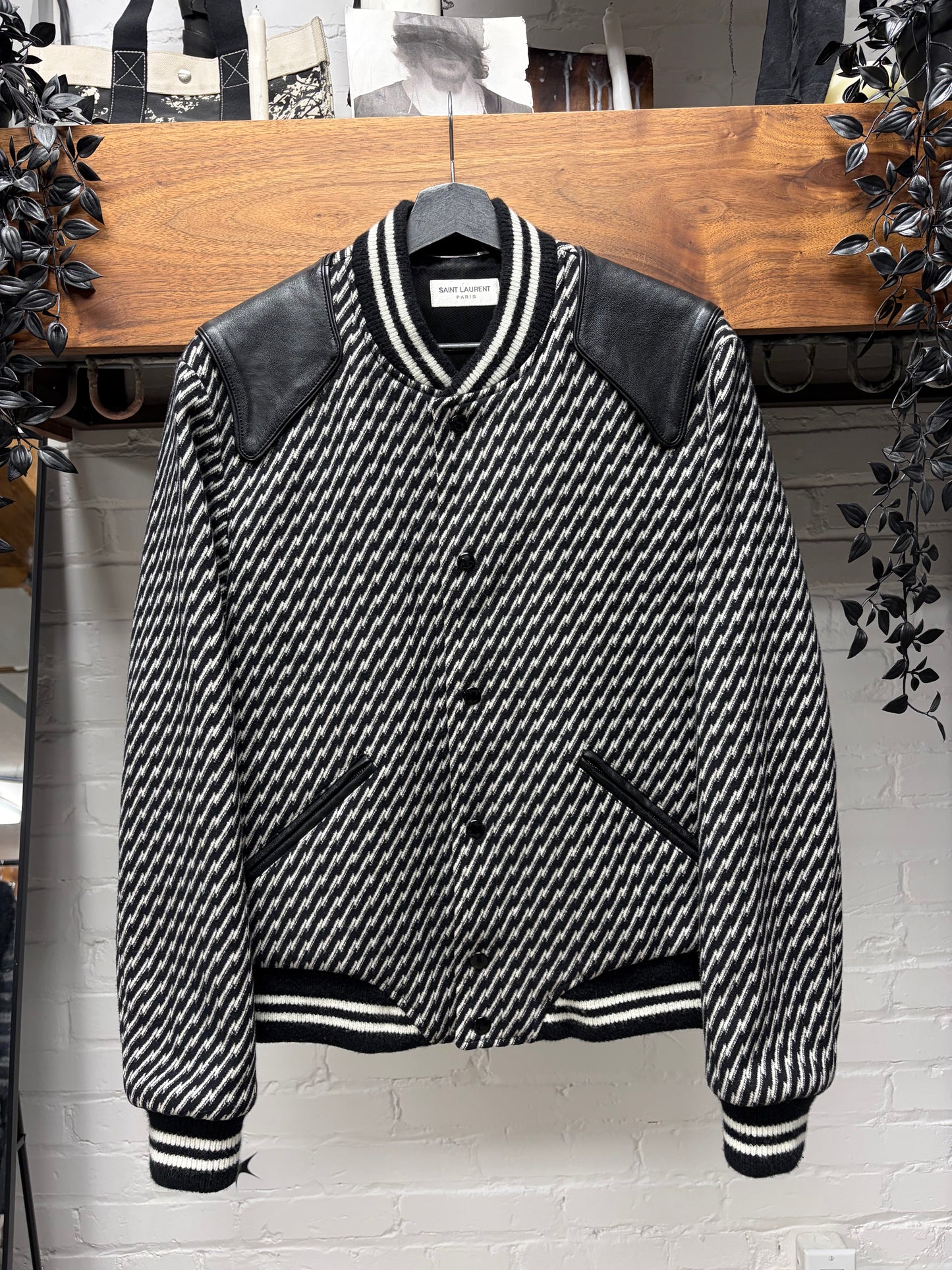AW2018 Saint Laurent Houndstooth Black/White ‘Teddy’ Varsity Jacket with Leather Accents