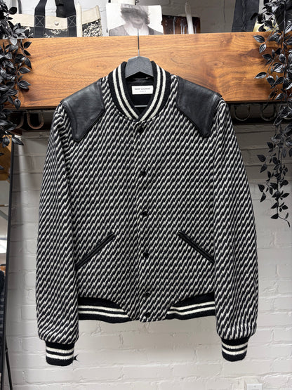 AW2018 Saint Laurent Houndstooth Black/White ‘Teddy’ Varsity Jacket with Leather Accents