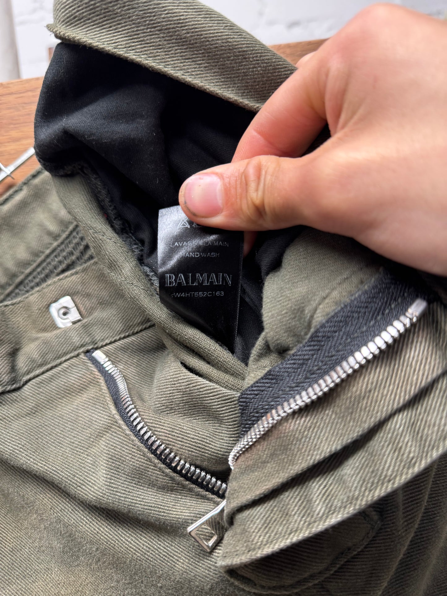Balmain Military Green Skinny Cut Biker Denim