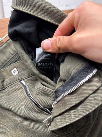 Balmain Military Green Skinny Cut Biker Denim