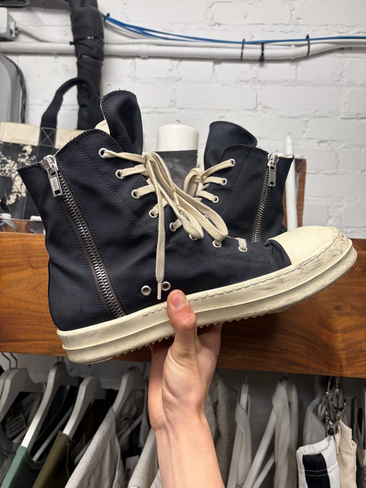 Rick Owens Pentagram Black/Milk Canvas ‘Ramones’ High Top Sneakers