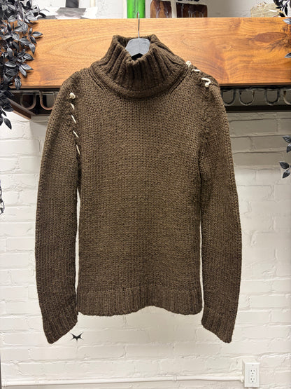 2000s Roberto Cavalli Brown Wool Knit Sweater with White Contrast Stitching