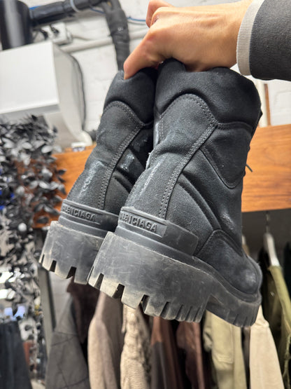 Balenciaga ‘Strike’ Distressed Canvas Black Combat Boots