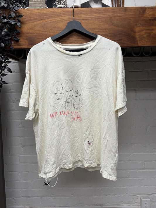 Paly ‘We Love You Bitch’ Distressed White Graphic T-Shirt