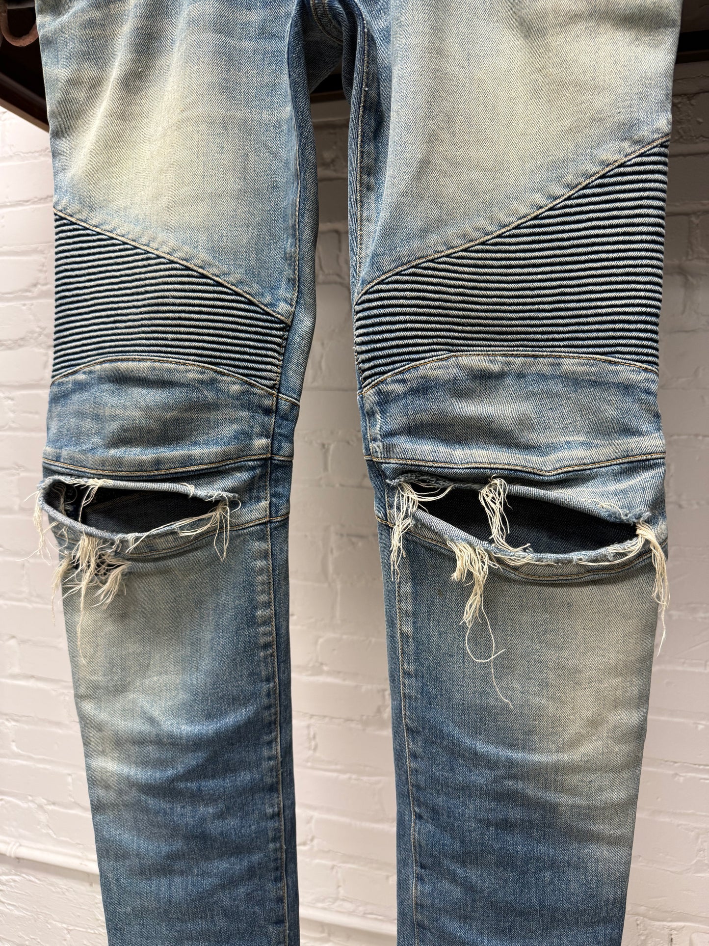 Balmain Dirt Washed Blue Distressed Biker Knee Denim