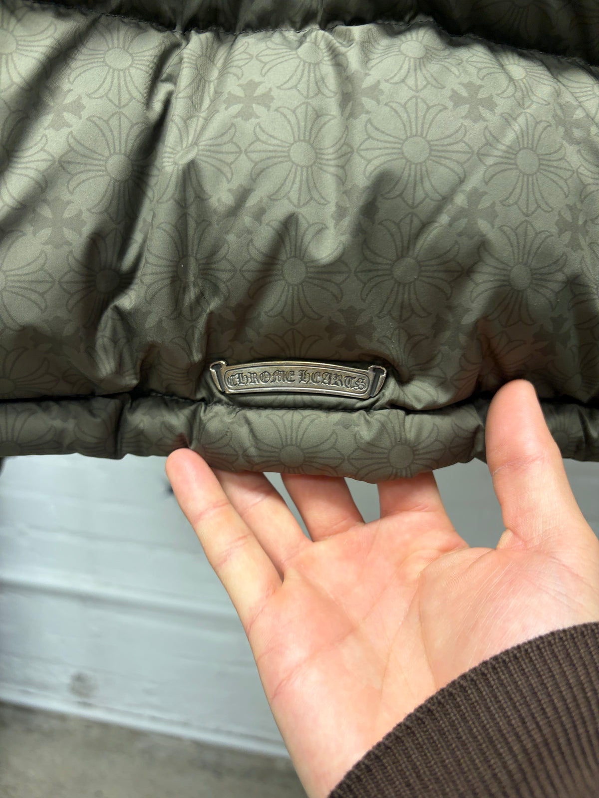 Chrome Hearts Dark Green ‘Plus Cross Monogram’ Down Filled Puffer Jacket with .925 Silver Hardware