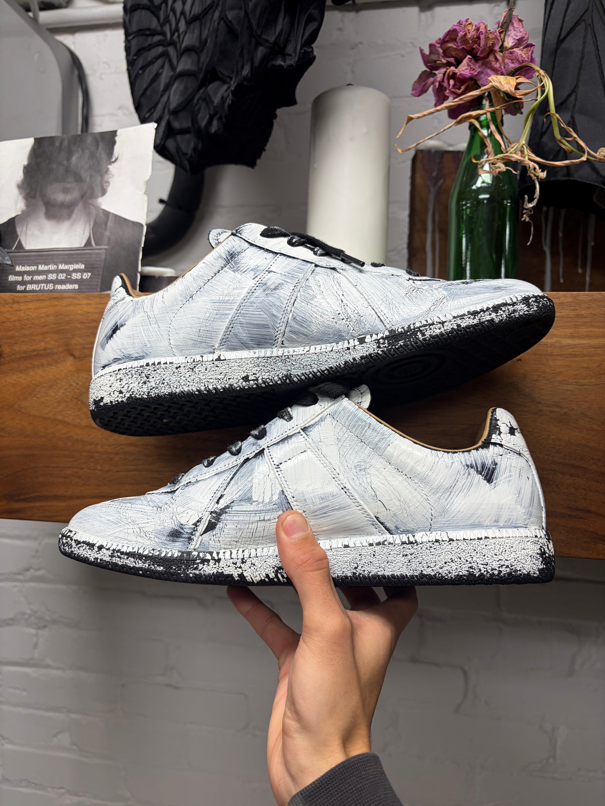 Maison Margiela White Paint Coated ‘G.A.T’ Black Leather Low Top Sneakers