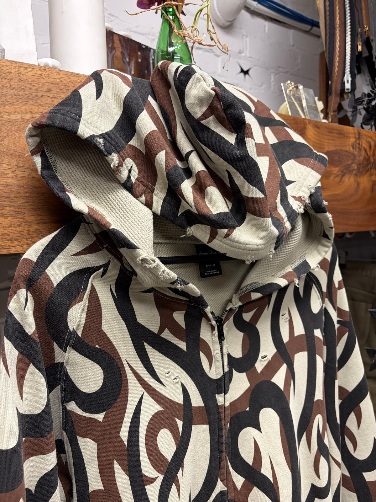 AW2004 Number (N)ine ‘Give Peace a Chance’ Tribal Heart Camouflage Thermal Zip-Up Hoodie