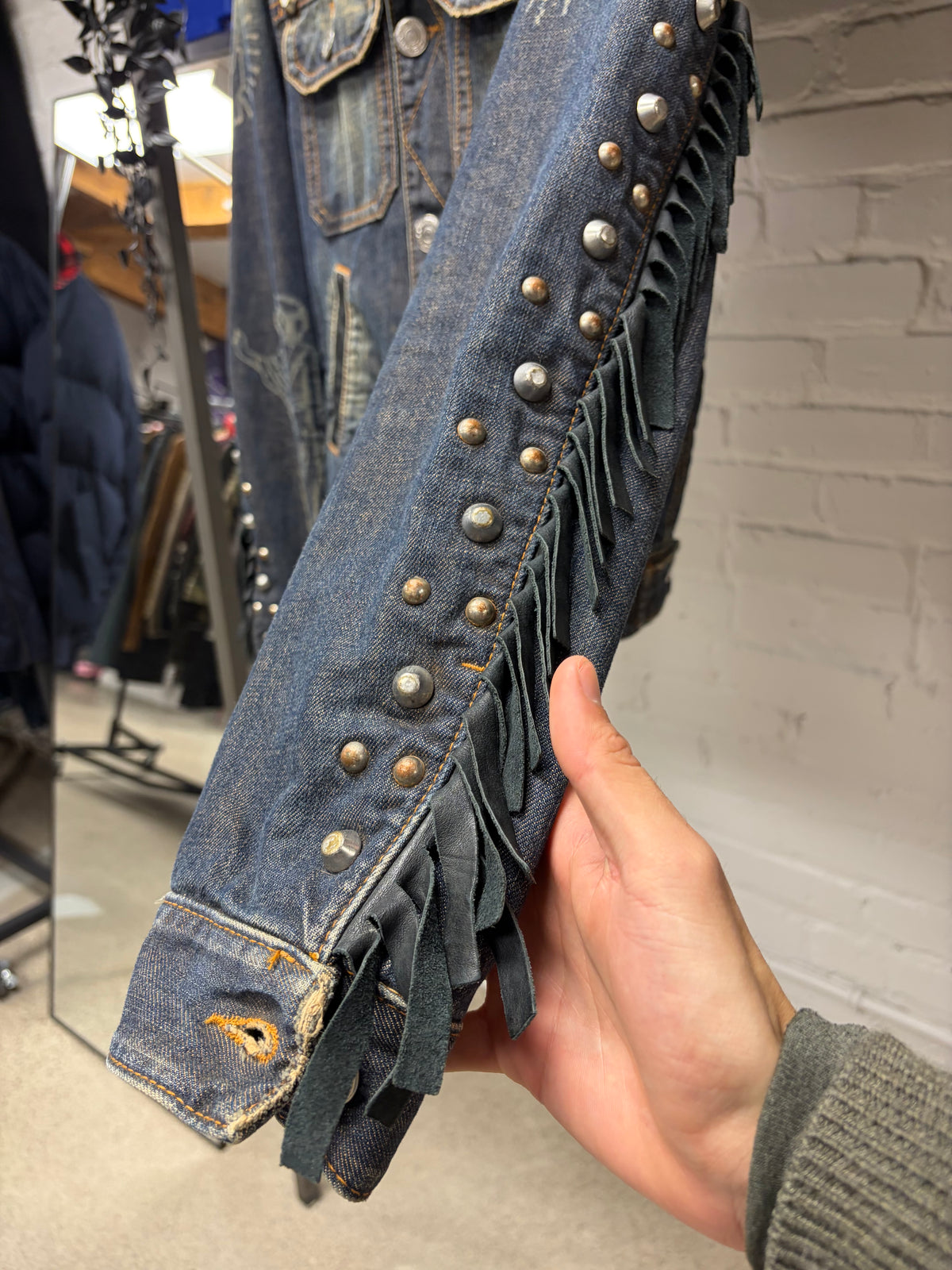 AW2005 Dsquared2 ‘Jesus Lord’ Studded Denim Trucker Jacket with Leather Fringe