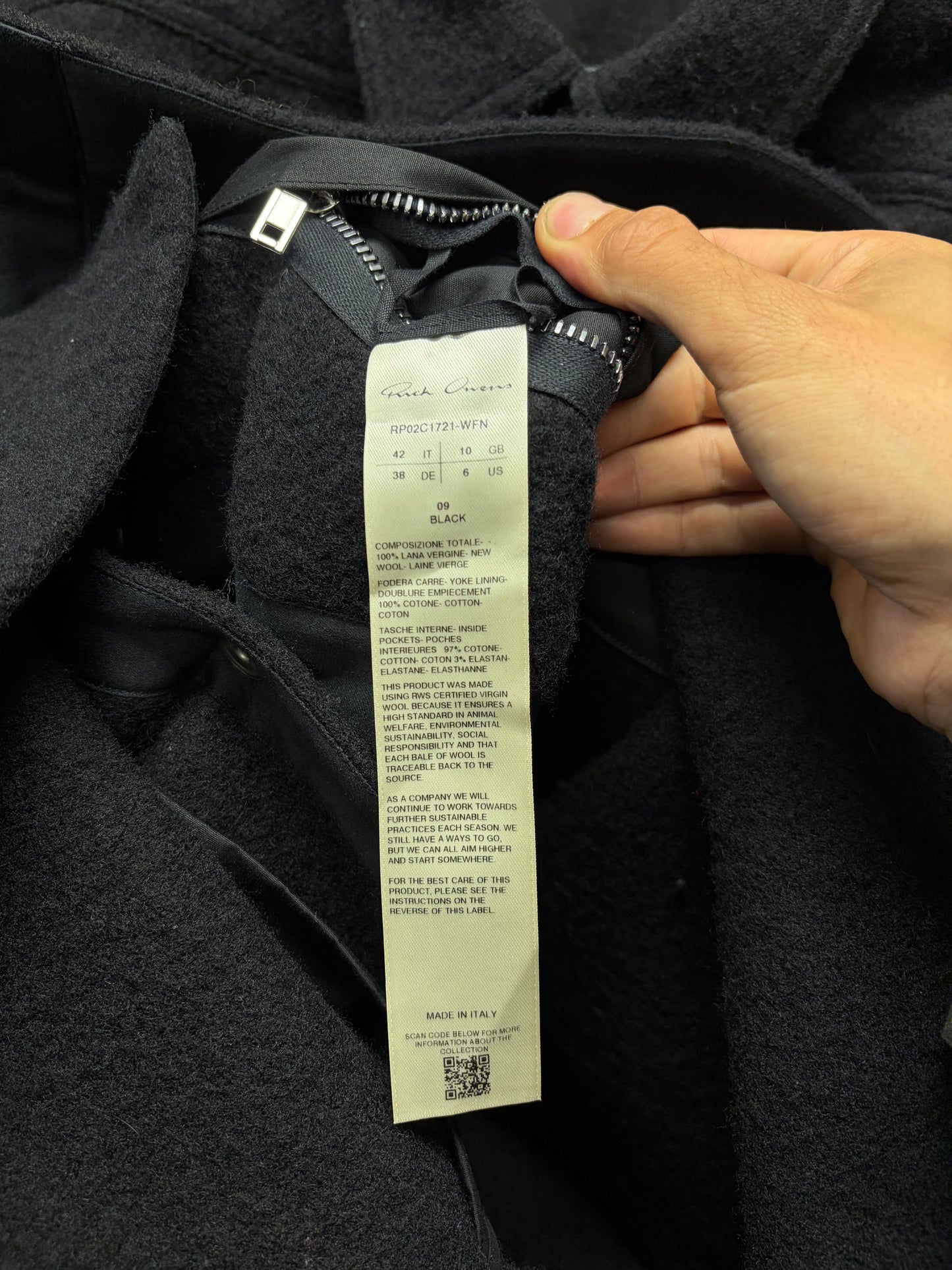 AW2023 Rick Owens ‘Luxor’ Virgin Wool ‘Shoulder Strap’ Black Button Snap Overshirt