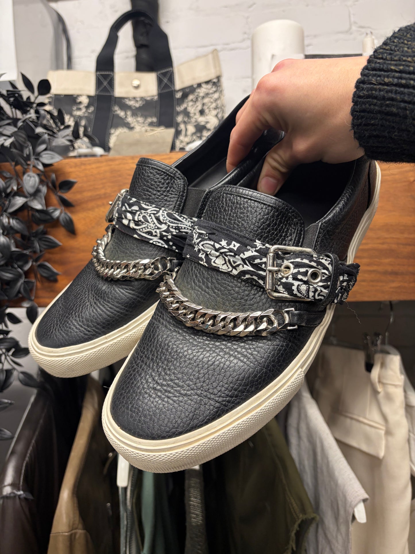 Amiri ‘Bandanna Buckle’ Black Leather Slip On Sneakers