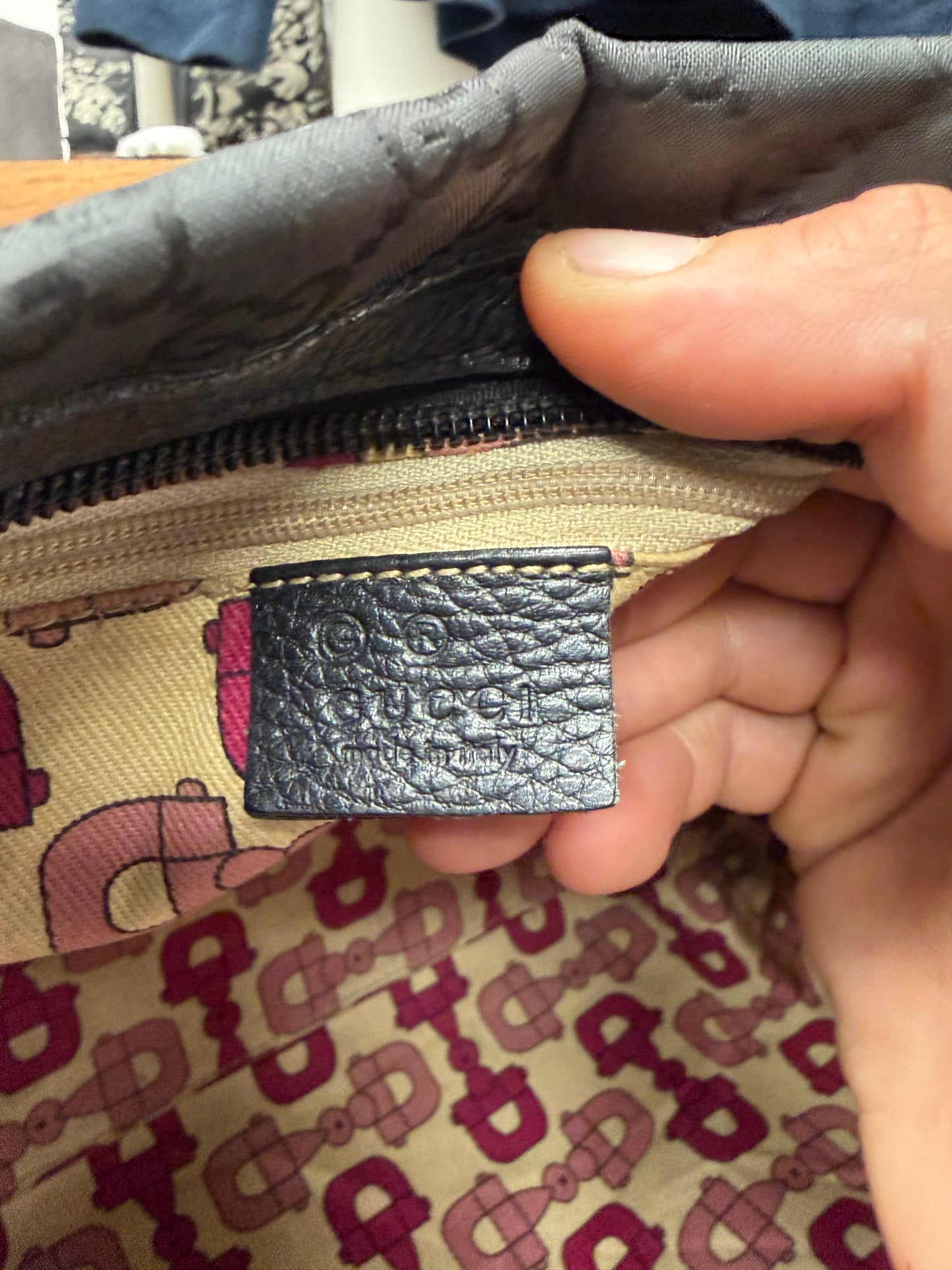 2000s Gucci ‘Guccisima’ Black Canvas Monogram Shoulder Bag with Pink Horsebit Interior