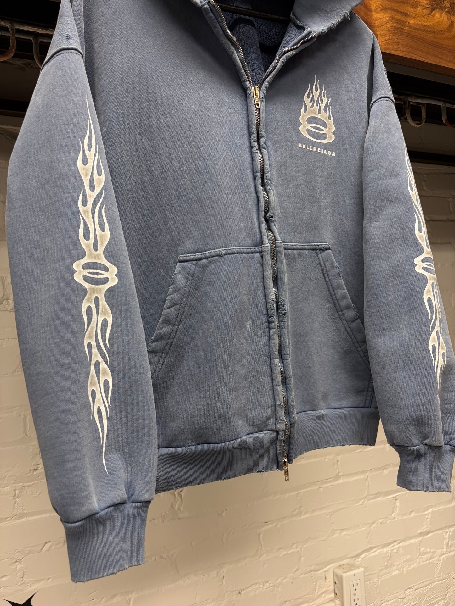SS2024 Balenciaga ‘Unity Flame’ Blue Zip Up Distressed Cotton Hoodie
