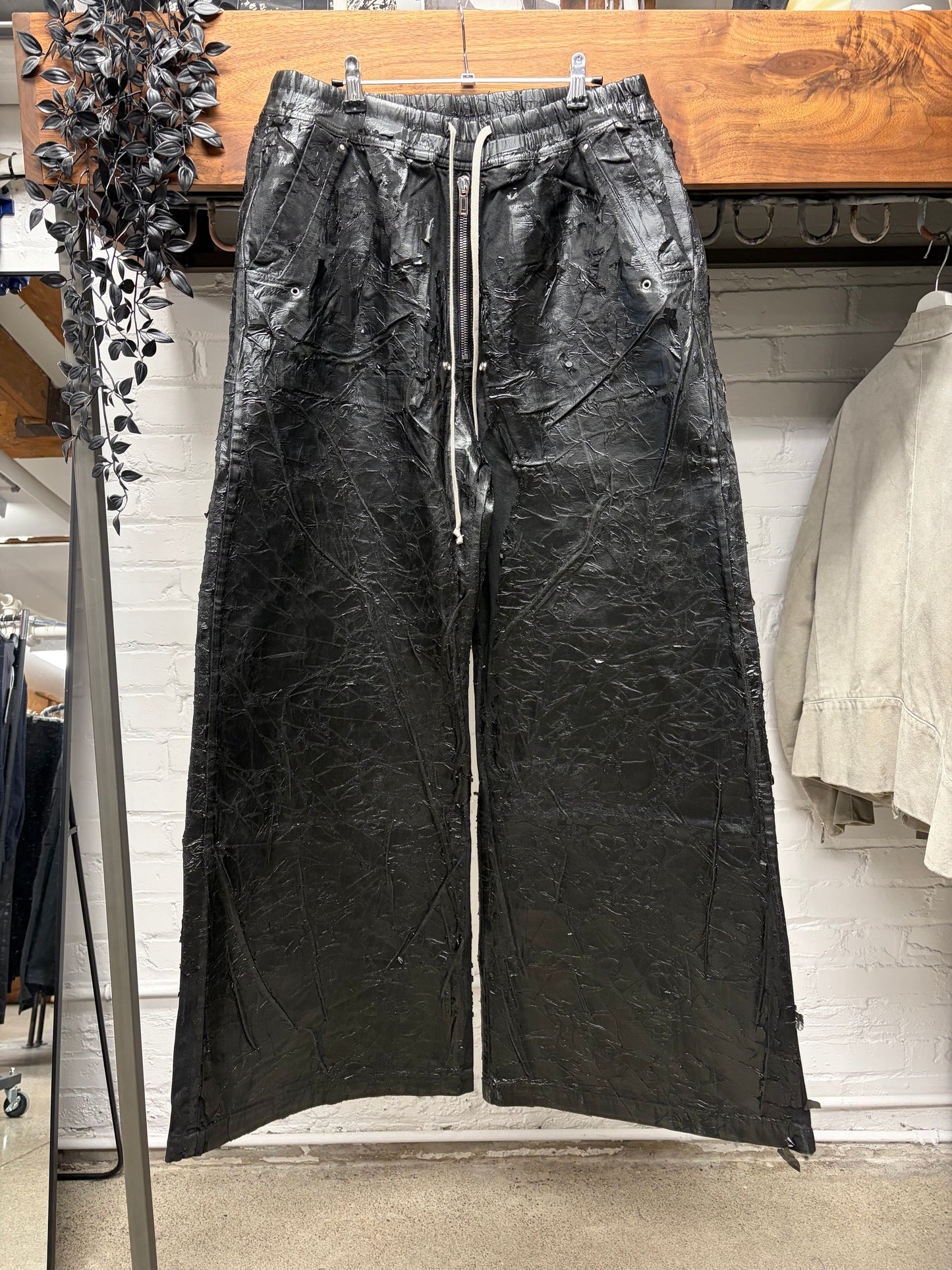 AW2024 Rick Owens ‘Porterville’ Waxed Black ‘Geth Bela’ Wide Leg Pants