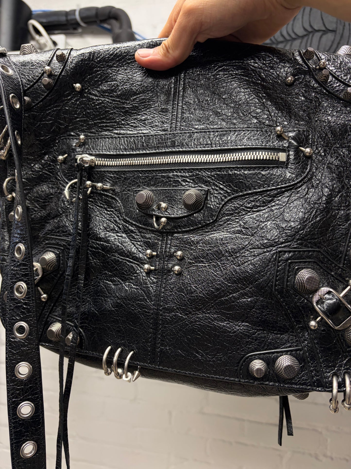 Balenciaga ‘Le Cagole’ Medium Size Pierced Black Leather Crossbody Messenger Bag
