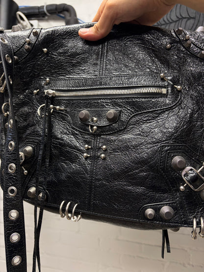 Balenciaga ‘Le Cagole’ Medium Size Pierced Black Leather Crossbody Messenger Bag