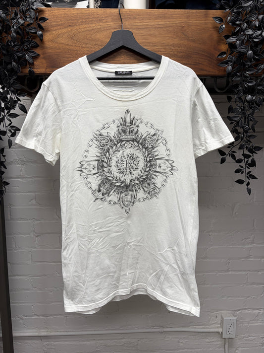 AW2016 Balmain ‘Crowned Crest Logo’ White Graphic T-Shirt