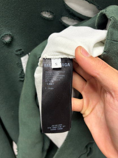 2021 Balenciaga ‘Caps’ Destroyed Green/White Logo Heavy Cotton Hoodie