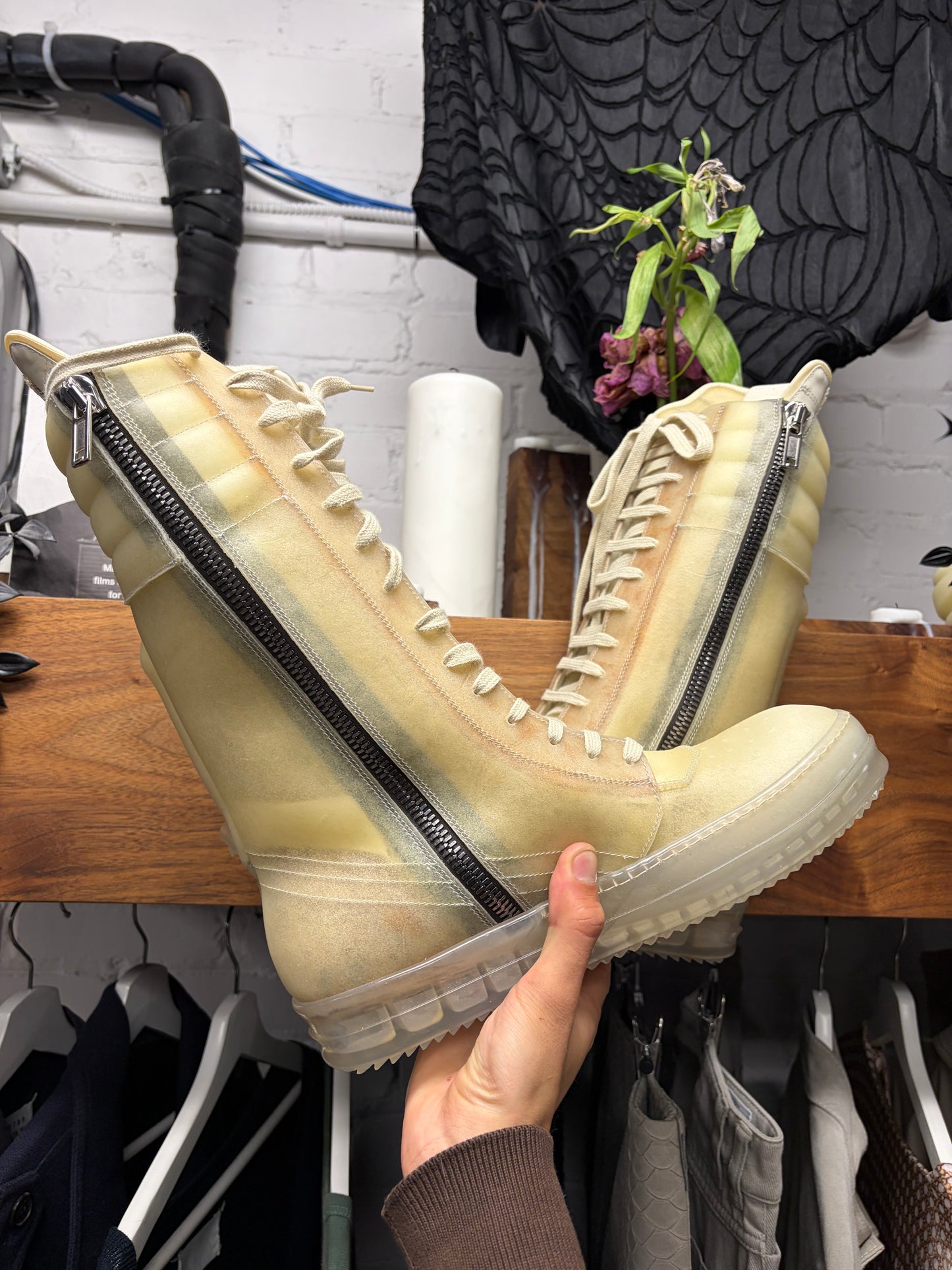 SS2023 Rick Owens ‘Edfu’ Translucent Apparition Leather ‘Cargobasket’ High Top Sneakers