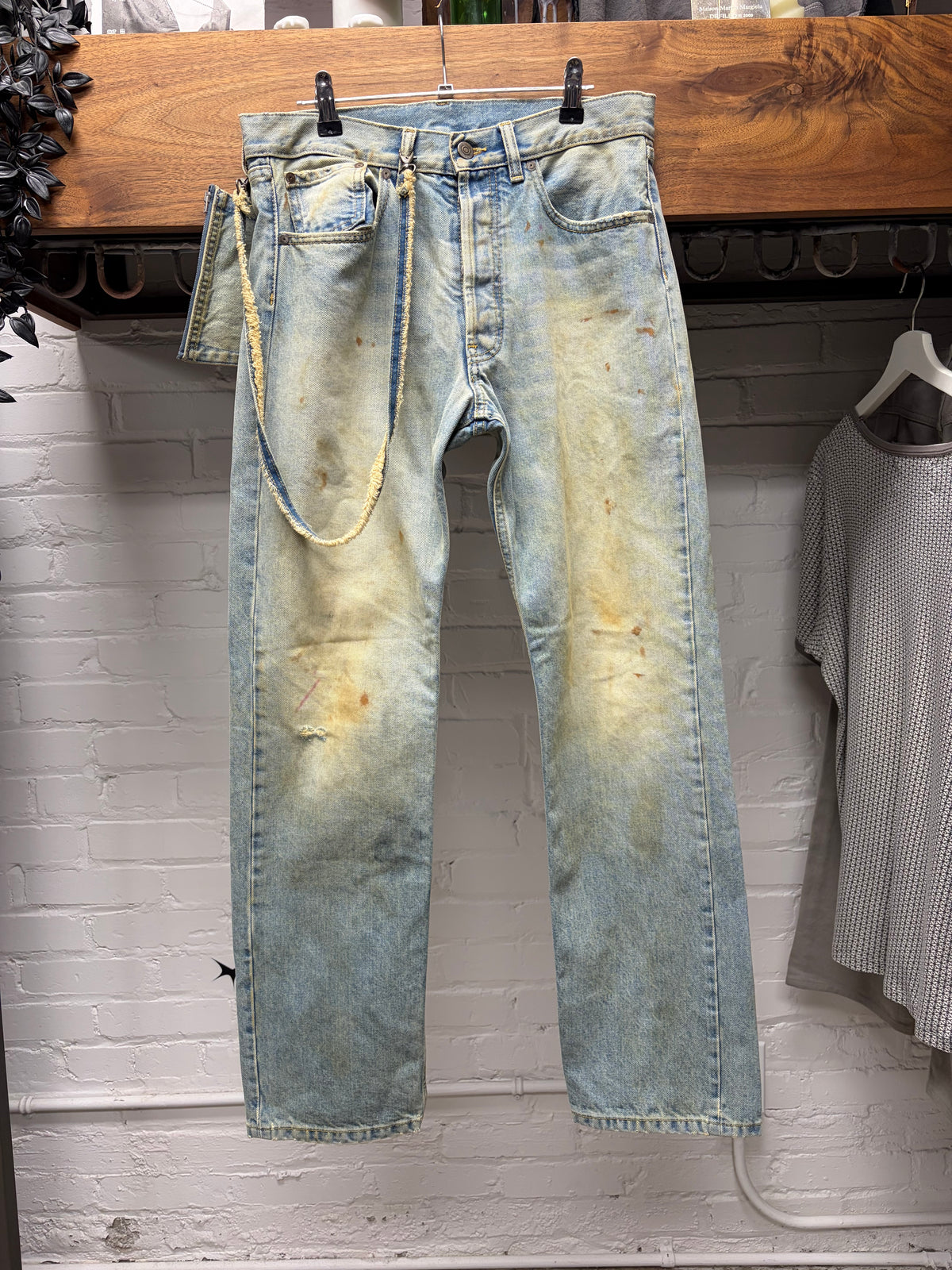 2022 Maison Margiela Straight Leg Blue Dirt Washed Jeans with Denim Wallet Chain