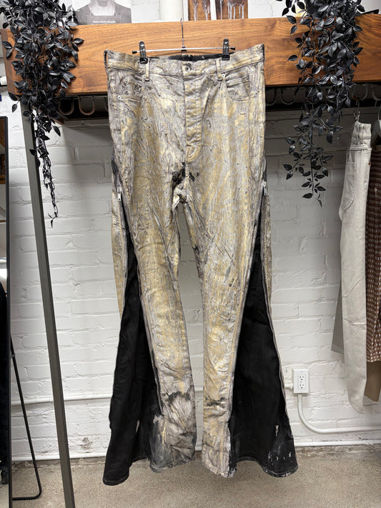 SS2025 Rick Owens ‘Hollywood’ Gold Embellished ‘Banana Cut’ Flared Leg Denim