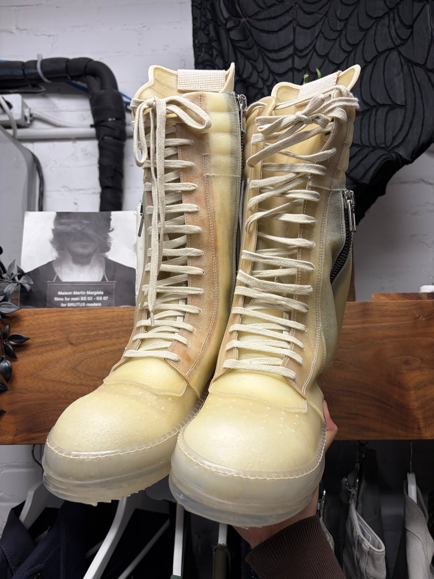 SS2023 Rick Owens ‘Edfu’ Translucent Apparition Leather ‘Cargobasket’ High Top Sneakers