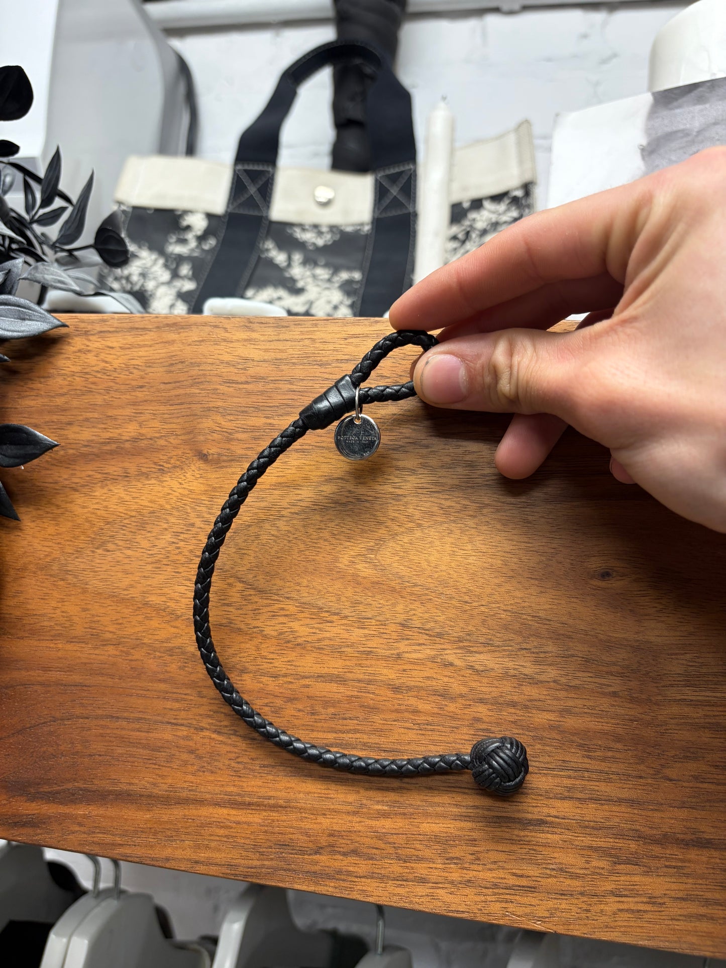 Bottega Veneta Woven ‘Intrecciato’ Black Leather Rope Bracelet with Charm