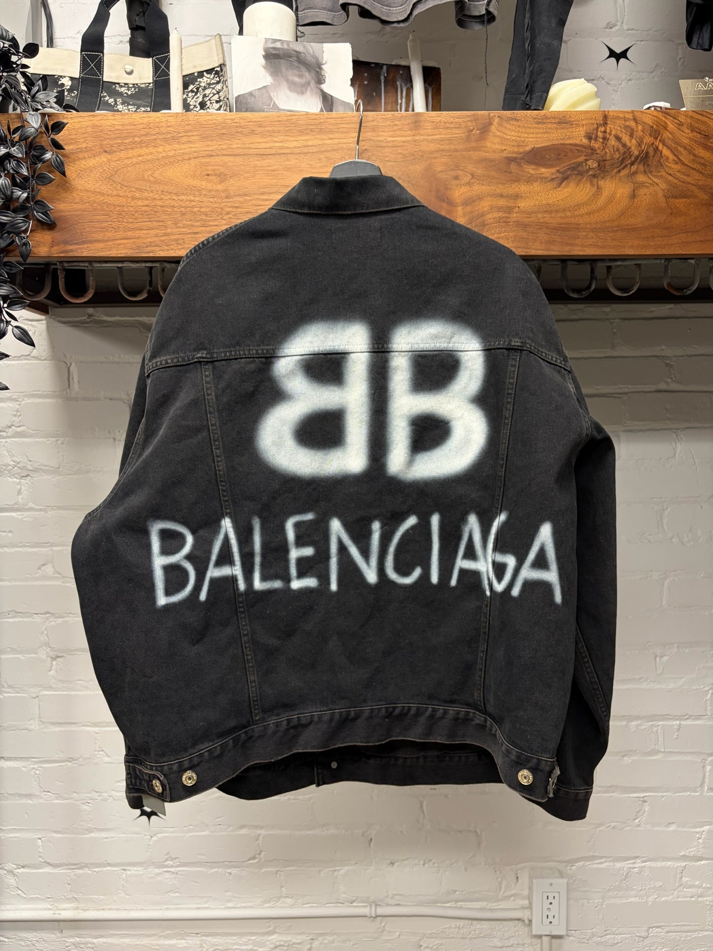2023 Balenciaga ‘BB Spray Paint Logo’ Oversized Black Denim Trucker Jacket