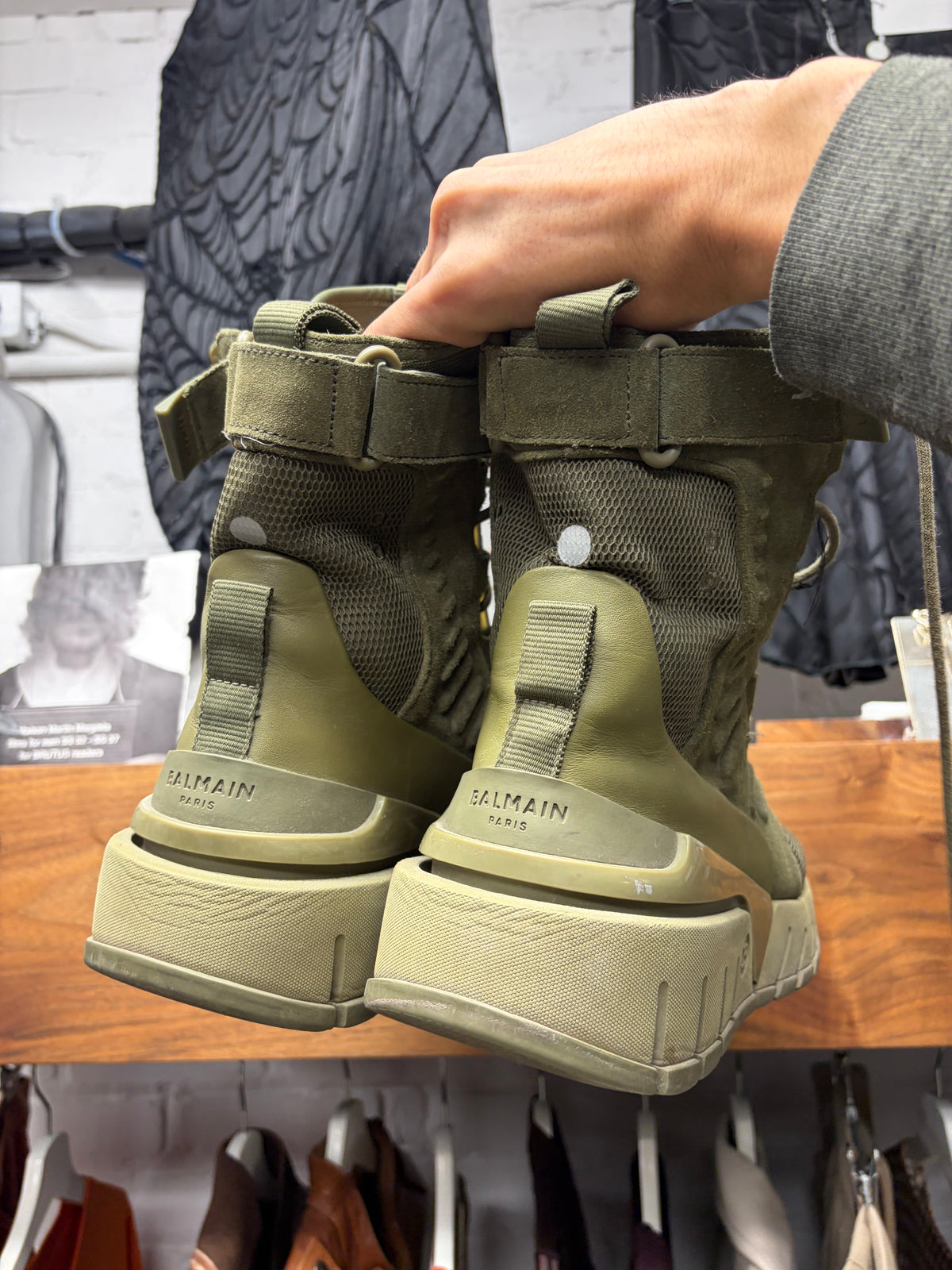 Balmain Khaki ‘B-Army’ Green Suede Combat High Top Sneaker/Boots